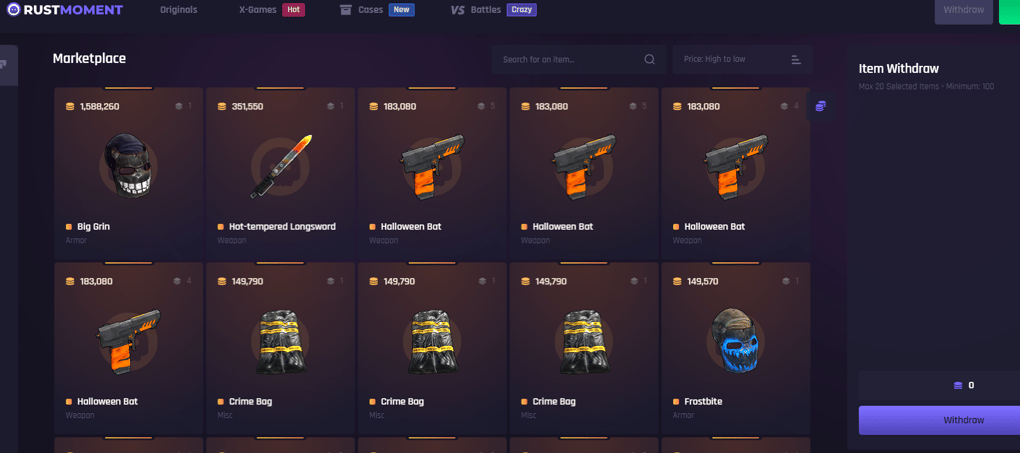 Withdrawal methods available on RustMoment