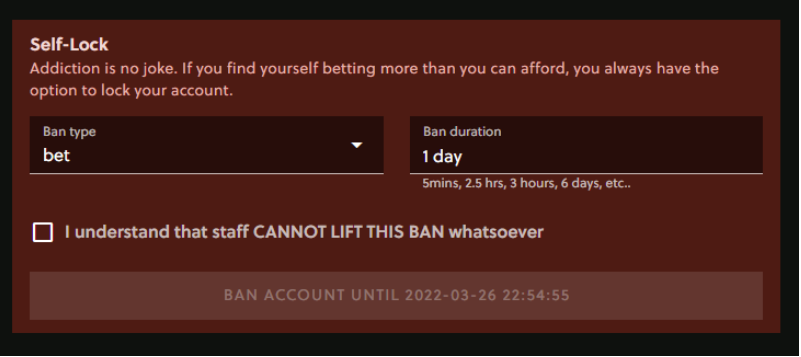 the self-exclusion options listed on the platform.