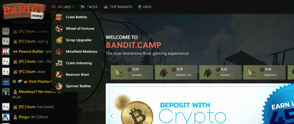 <SCREENSHOT OF VARIOUS GAMING OPTIONS AVAILABLE ON BANDIT.CAMP>