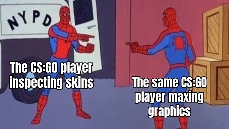 A CS:GO player intensely examining two skins with a magnifying glass, one shiny and new, the other worn and rugged, with the caption 