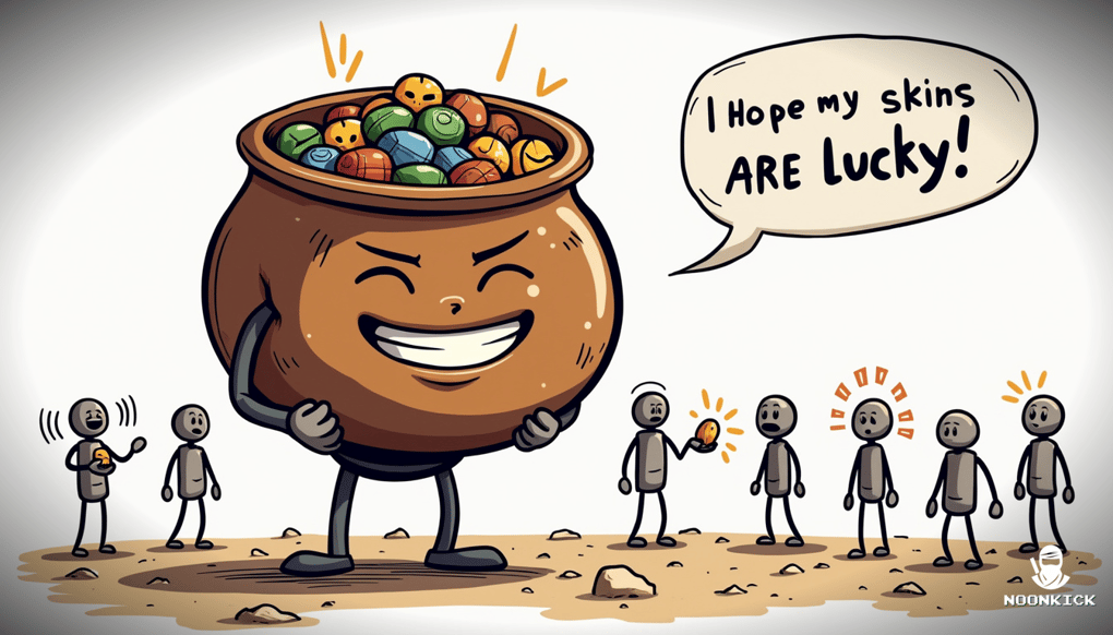 A detailed sketch of a large pot overflowing with various Rust skins, surrounded by excited players. One player is humorously depicted with wide eyes and a single, trembling skin in hand, adding a light-hearted touch to the scene.