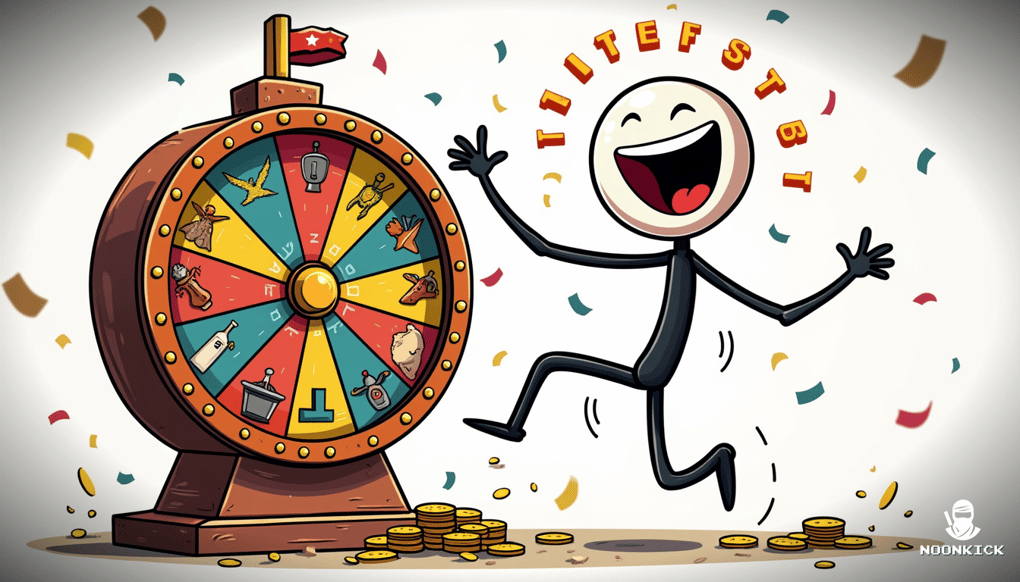 A DETAILED SKETCH OF A RUST WHEEL OF FORTUNE WITH HUMOROUS ELEMENTS LIKE A JACKPOT SIGN, A PLAYER JUMPING IN EXCITEMENT, AND A MIX OF RUST SKINS AND COINS ON THE WHEEL
