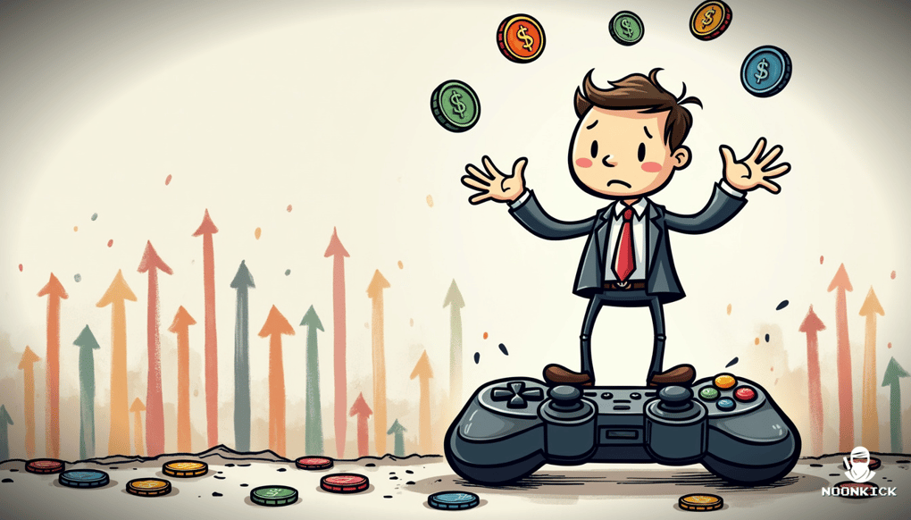 A DETAILED SKETCH SHOWING A PLAYER AS A BUSINESSPERSON WITH A BRIEFCASE FULL OF COINS, EXPLAINING THE PROCESS OF BUYING LOW AND SELLING HIGH IN A HUMOROUS WAY
