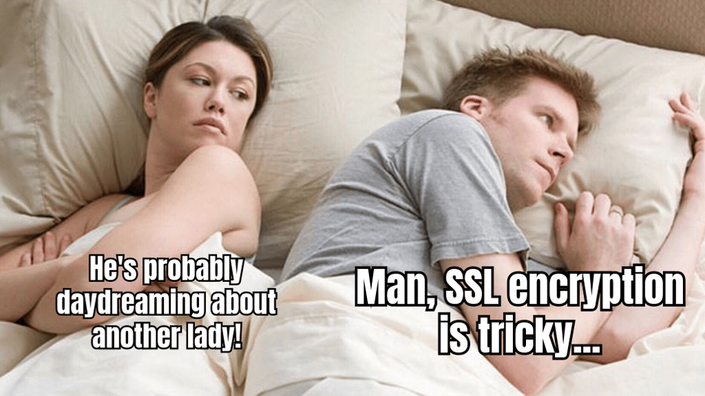 A FUNNY MEME ABOUT SSL ENCRYPTION BEING LIKE A DIGITAL BODYGUARD PROTECTING YOUR DATA