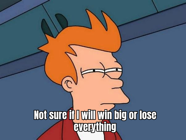 A humorous meme depicting a character eagerly spinning a roulette wheel with a caption like 
