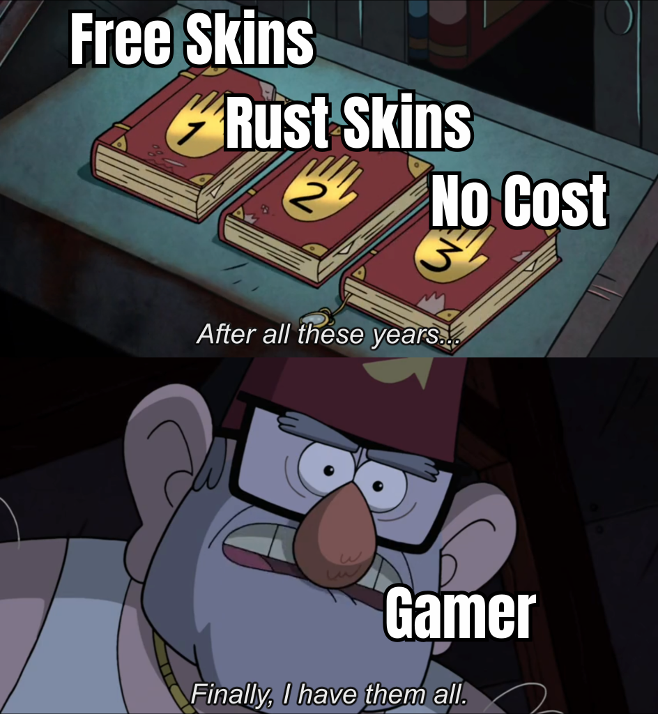 A HUMOROUS MEME DEPICTING A GAMER CELEBRATING AFTER DISCOVERING FREE SKINS, WITH A CAPTION LIKE 