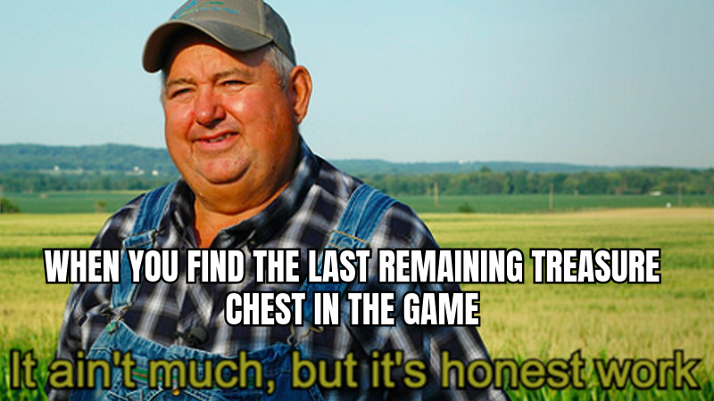 A HUMOROUS MEME DEPICTING A GAMER DISCOVERING A TREASURE CHEST FULL OF CHEAP CS:GO SKINS ON SKINWALLET, WITH A CAPTION LIKE 