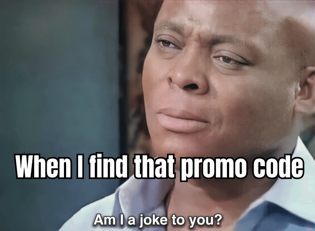 A HUMOROUS MEME DEPICTING A PERSON JOYFULLY DISCOVERING A PROMO CODE AS IF THEY'VE FOUND A TREASURE CHEST FULL OF RARE SKINS, WITH A MAP AND EXCITED EXPRESSIONS