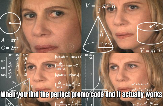 A humorous meme depicting a person joyfully typing in promo codes on their computer, with a caption that reads 
