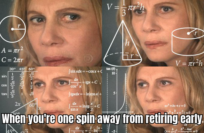 A HUMOROUS MEME DEPICTING A PLAYER EXCITEDLY SPINNING A ROULETTE WHEEL WITH THE CAPTION 