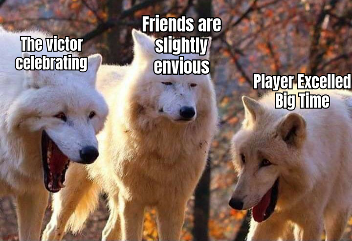 A HUMOROUS MEME DEPICTING A PLAYER'S EXCITEMENT AFTER WINNING A RUST CASE BATTLE, WITH A CAPTION LIKE 