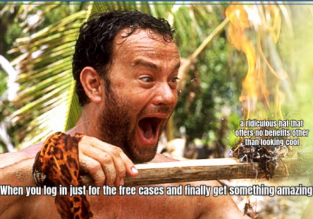 A HUMOROUS MEME DEPICTING A PLAYER'S EXCITEMENT WHEN OPENING A FREE DAILY CASE, WITH A CAPTION LIKE 