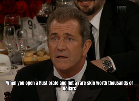 A humorous meme depicting a player sitting at a computer with a shocked expression, surrounded by piles of cash, and a rare Rust skin displayed on the screen, captioned 
