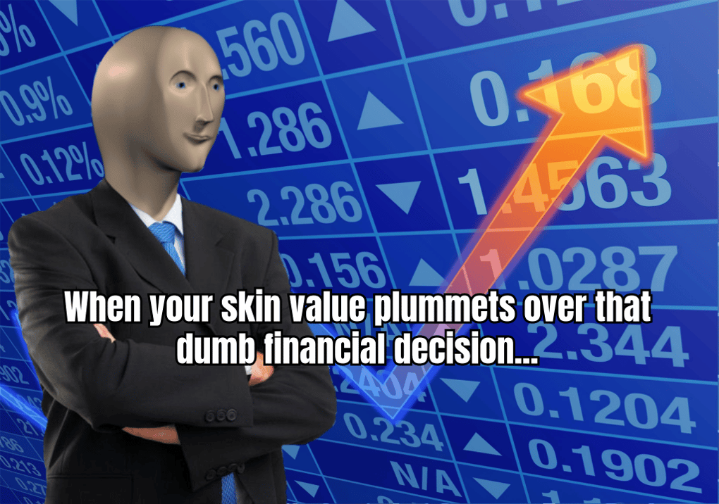 A humorous meme depicting a trader's reaction to sudden market drops in Rust skin values, with a caption like 