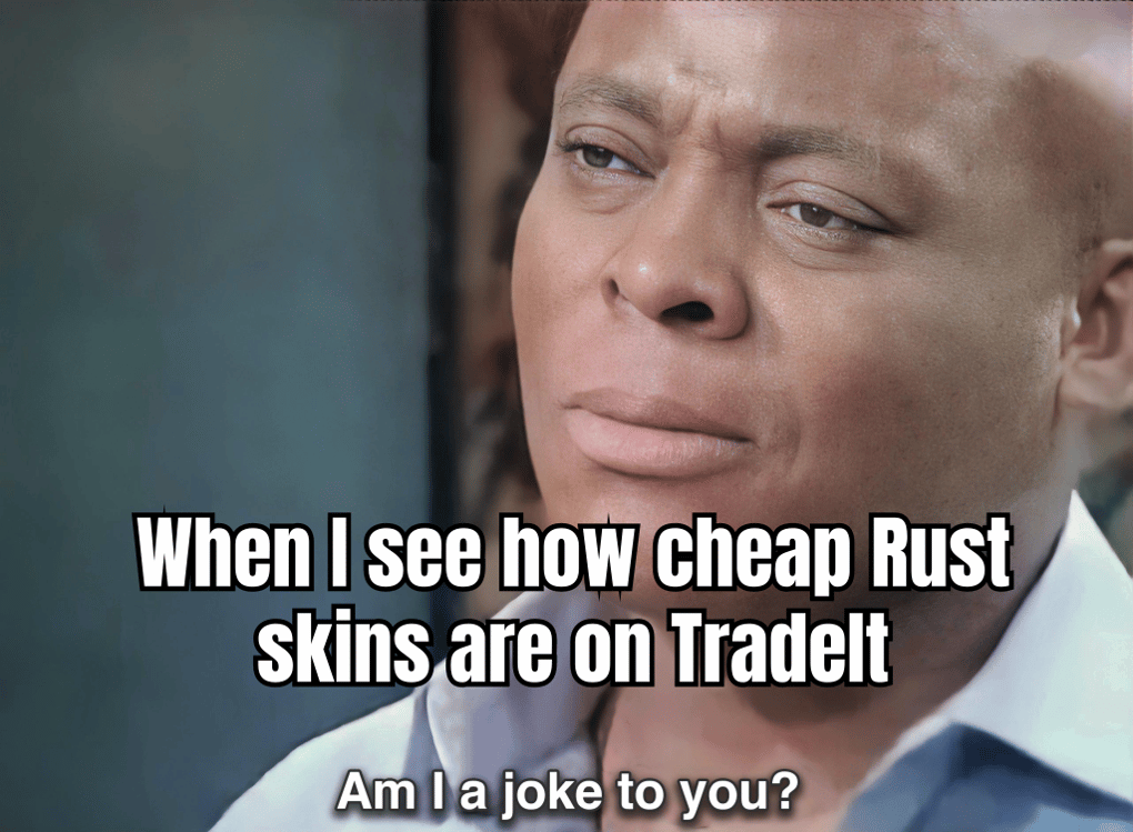 A HUMOROUS MEME SHOWING A CAT WITH A WALLET LOOKING SHOCKED AT HOW AFFORDABLE RUST SKINS ARE ON TRADEIT.GG