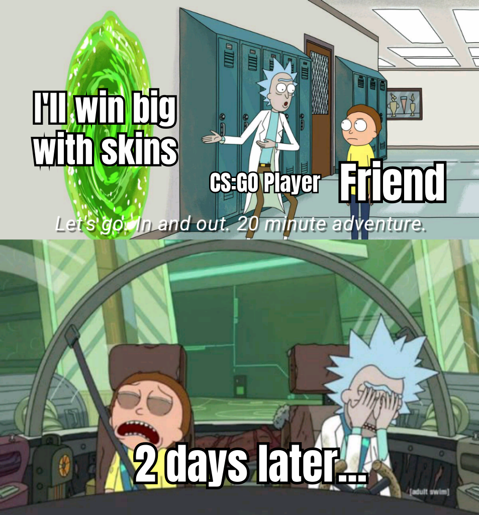 A HUMOROUS MEME SHOWING A CS:GO PLAYER EXCITEDLY GAMBLING THEIR SKINS, ONLY TO END UP WITH A COMICALLY DISAPPOINTING RESULT, LIKE A SOCK INSTEAD OF A RARE ITEM