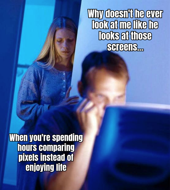 A HUMOROUS MEME SHOWING A GAMER OVERWHELMED BY A WALL OF COMPUTER SCREENS DISPLAYING DIFFERENT RUST WHEEL SITES, CAPTIONED 