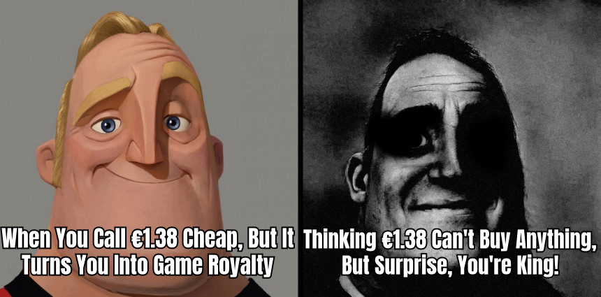 A HUMOROUS MEME SHOWING A GAMER SITTING ON A THRONE MADE OF COINS WITH THE CAPTION 