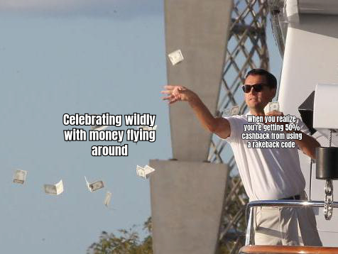 A HUMOROUS MEME SHOWING A PERSON CELEBRATING WITH MONEY FLYING AROUND AFTER USING A RAKEBACK CODE, CAPTIONED 