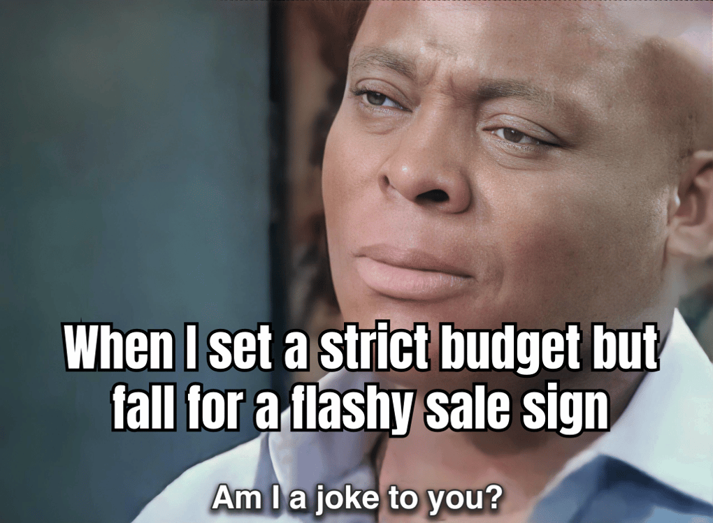 A HUMOROUS MEME SHOWING A PERSON DETERMINEDLY SETTING A STRICT GAMBLING BUDGET, ONLY TO BE IMMEDIATELY DISTRACTED BY A FLASHING SALE SIGN IN A STORE WINDOW