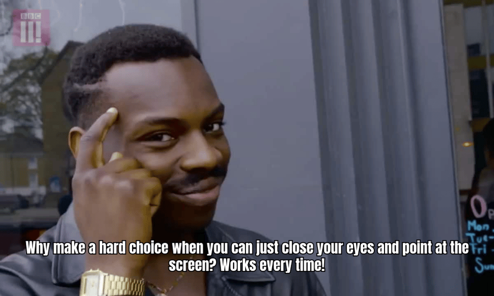 A HUMOROUS MEME SHOWING A PERSON OVERWHELMED BY THE CHOICE OF 800,000 SKINS, WITH A CAPTION LIKE 