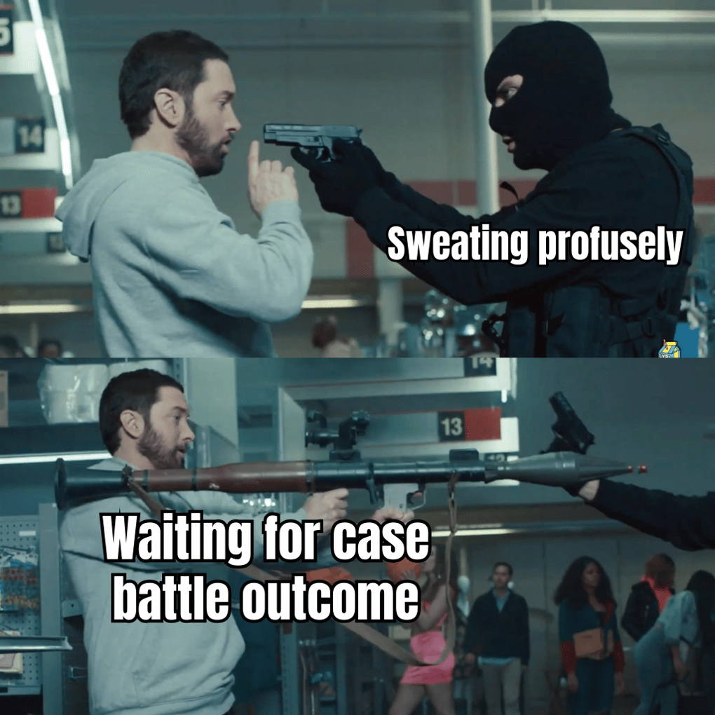 A HUMOROUS MEME SHOWING A PLAYER SWEATING PROFUSELY WHILE WAITING FOR THE OUTCOME OF A CASE BATTLE, CAPTURING THE TENSION