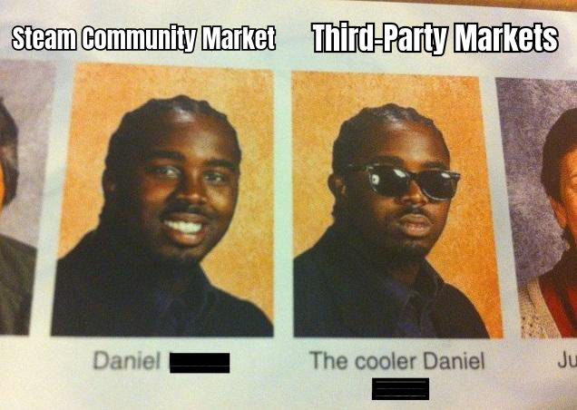A HUMOROUS MEME SHOWING A TURTLE REPRESENTING THE STEAM COMMUNITY MARKET AND A CHEETAH REPRESENTING THIRD-PARTY MARKETS IN A RACE, HIGHLIGHTING THE SPEED DIFFERENCE