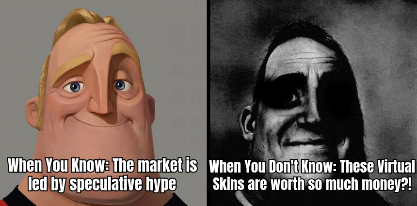 A HUMOROUS MEME SHOWING GAMERS USING A CRYSTAL BALL TO PREDICT CSGO SKIN MARKET TRENDS, WITH A CAPTION LIKE 