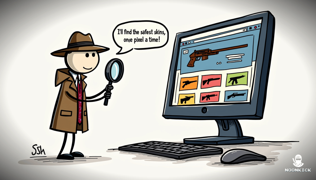 A HUMOROUS SKETCH OF A DETECTIVE WITH A MAGNIFYING GLASS CLOSELY INSPECTING A COMPUTER SCREEN DISPLAYING A CS:GO SKIN SITE, SYMBOLIZING THE INVESTIGATION OF SAFE SITES
