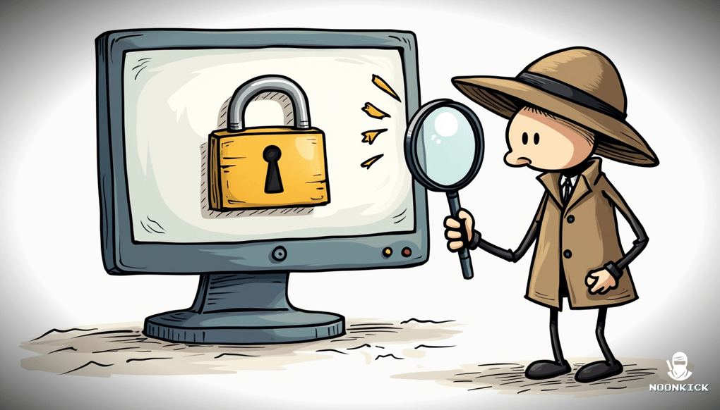 A HUMOROUS SKETCH OF A DETECTIVE WITH A MAGNIFYING GLASS EXAMINING A COMPUTER SCREEN DISPLAYING A LOCK ICON AND HTTPS, EMPHASIZING THE IMPORTANCE OF VERIFYING SITE SECURITY