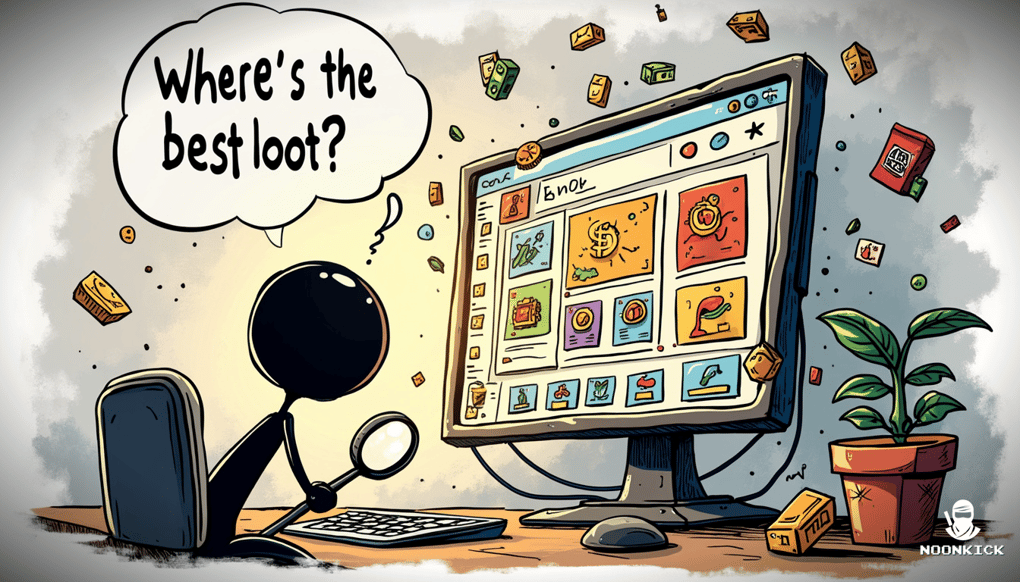 A HUMOROUS SKETCH OF A GAMER WITH A MAGNIFYING GLASS, EXAMINING A COMPUTER SCREEN FULL OF CASE OPENING SITES, LOOKING CONFUSED BUT DETERMINED