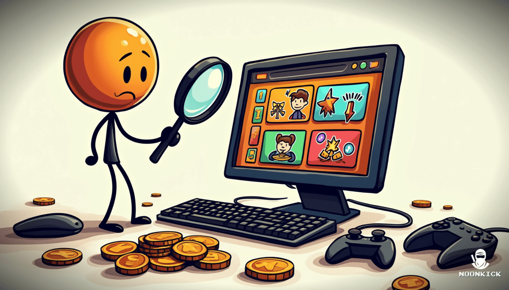 A HUMOROUS SKETCH OF A GAMER WITH A MAGNIFYING GLASS EXAMINING A COMPUTER SCREEN FULL OF RUST GAMBLING SITES, DEPICTING THE PROCESS OF RESEARCHING SITES