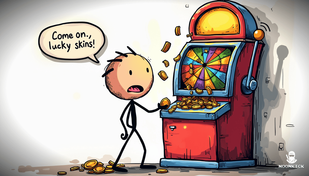A HUMOROUS SKETCH OF A JACKPOT MACHINE WHERE PLAYERS ARE FEEDING IN SKINS INSTEAD OF COINS, WITH A PLAYER SWEATING AND CROSSING FINGERS FOR LUCK
