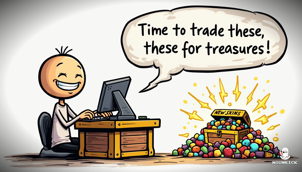 A HUMOROUS SKETCH OF A PERSON EXCITEDLY TRADING OLD, DUSTY SKINS ONLINE, WITH THE OLD SKINS TRANSFORMING INTO A SHINY TREASURE CHEST LABELED 