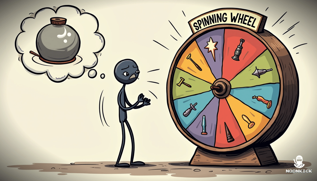 A HUMOROUS SKETCH OF A PERSON SPINNING A LARGE COLORFUL WHEEL LABELED 