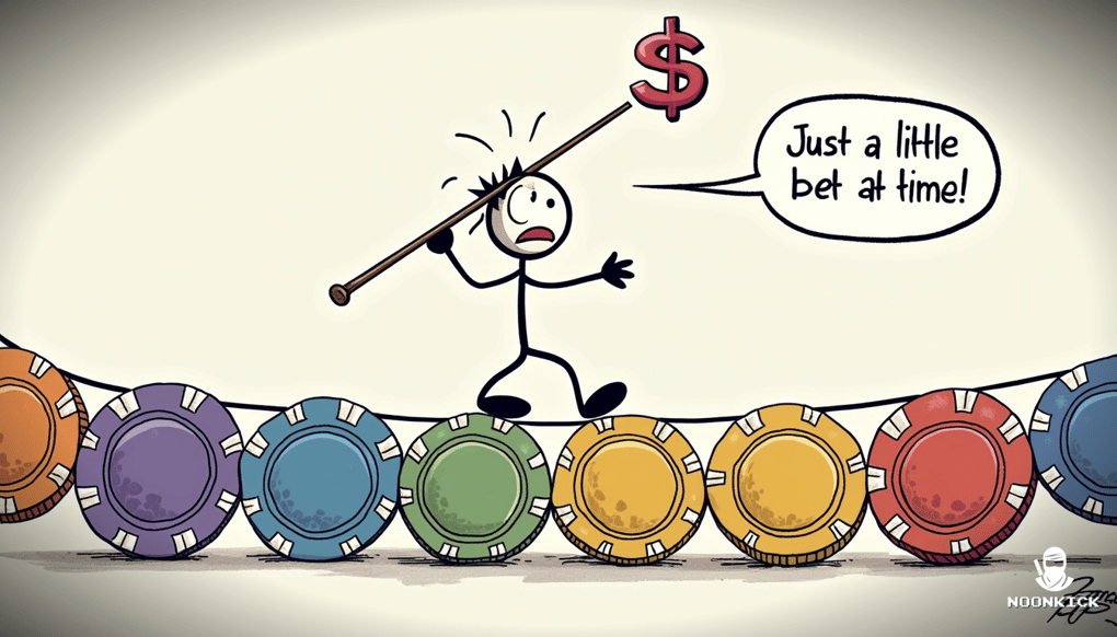 A HUMOROUS SKETCH OF A PERSON WALKING A TIGHTROPE WITH A BALANCING POLE MADE OF BETTING CHIPS, ILLUSTRATING THE CONCEPT OF BALANCING BETS IN ROULETTE
