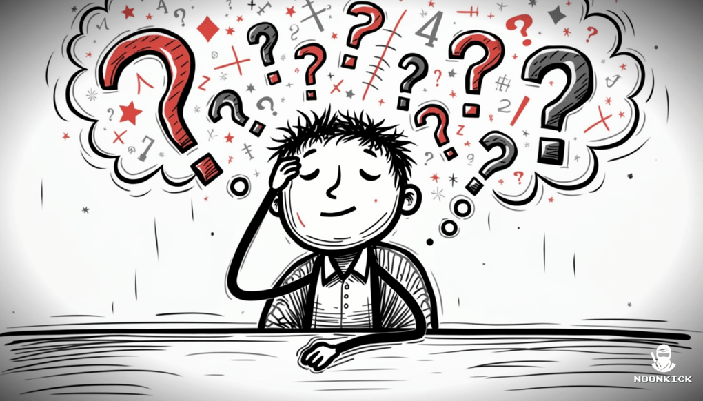 A HUMOROUS SKETCH OF A PLAYER AT A BLACKJACK TABLE, STRATEGICALLY THINKING WITH CARDS IN HAND, AND A THOUGHT BUBBLE SHOWING COMPLEX MATH FORMULAS AND CONFUSED EXPRESSIONS