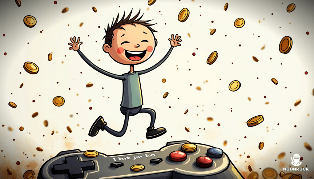 A HUMOROUS SKETCH OF A PLAYER CELEBRATING A BIG WIN WITH COINS FALLING AROUND THEM, CAPTURING THE EXCITEMENT AND JOY OF GAMBLING SUCCESSFULLY
