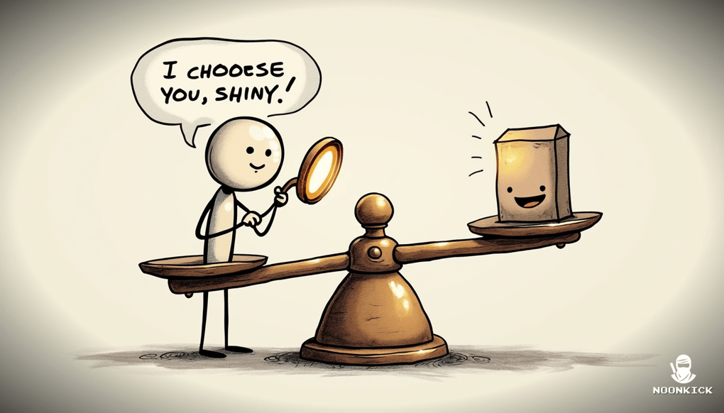 A HUMOROUS SKETCH OF A SCALE BALANCING A SHINY RARE ITEM ON ONE SIDE AND A PLAIN COMMON ITEM ON THE OTHER, WITH A SMILING SCALE FACE TO ADD HUMOR