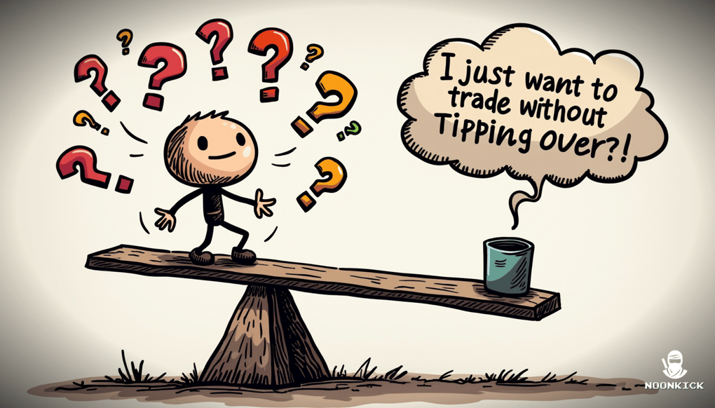 A HUMOROUS SKETCH OF A TRADER BALANCING RUST AND CS2 SKINS ON A SEESAW, WITH A CAPTION 