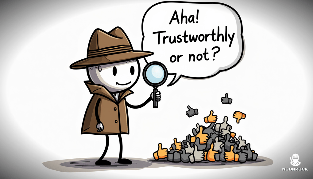 A humorous sketch showing a detective with a magnifying glass inspecting a trading partner's profile for trustworthiness