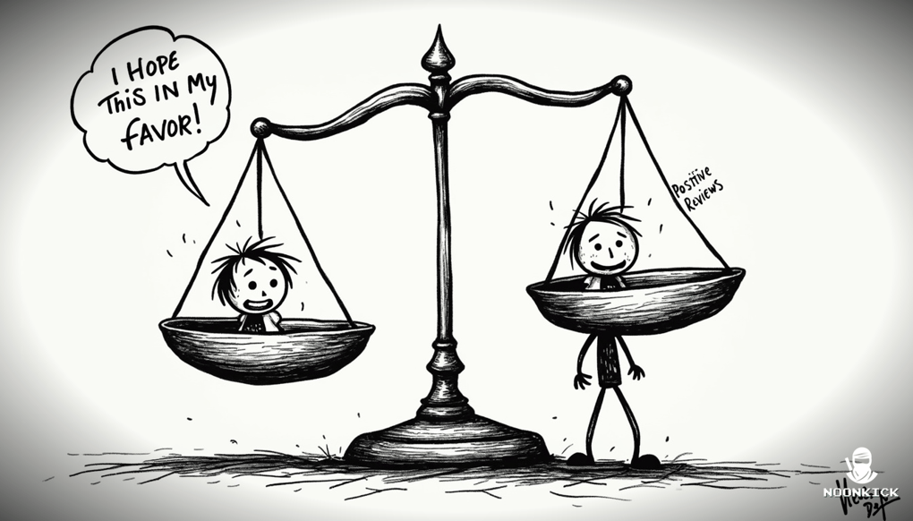 A HUMOROUS SKETCH SHOWING A SCALE BALANCING POSITIVE REVIEWS ON ONE SIDE AND NEGATIVE REVIEWS ON THE OTHER, WITH A PLAYER LOOKING NERVOUSLY AT THE SCALE