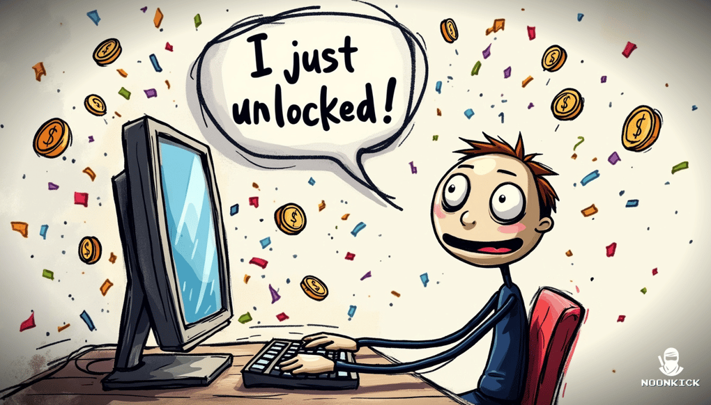 A humorous sketch showing a step-by-step process of entering a promo code on a computer, with exaggerated expressions of joy as coins appear on the screen.