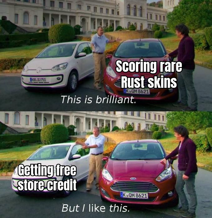 A MEME SHOWING A DELIGHTED GAMER HOLDING A VIRTUAL SHOPPING BAG OVERFLOWING WITH RUST SKINS, CAPTIONED 