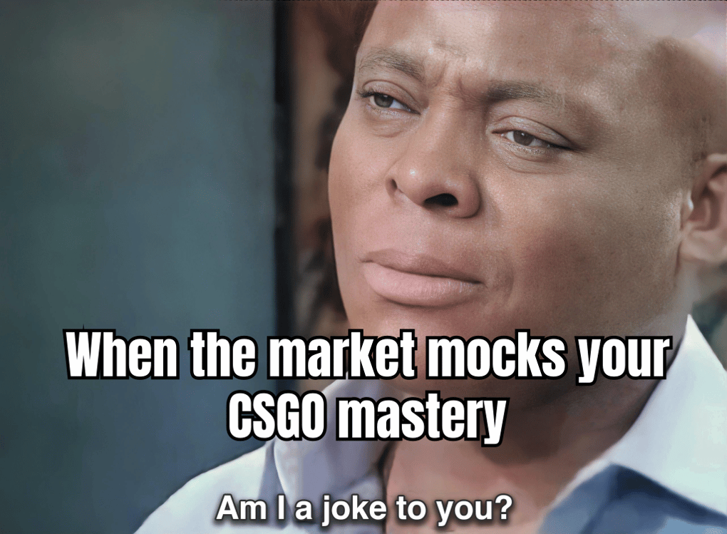 A MEME SHOWING A GAMER SURROUNDED BY A MOUNTAIN OF CSGO SKINS WITH THE CAPTION 