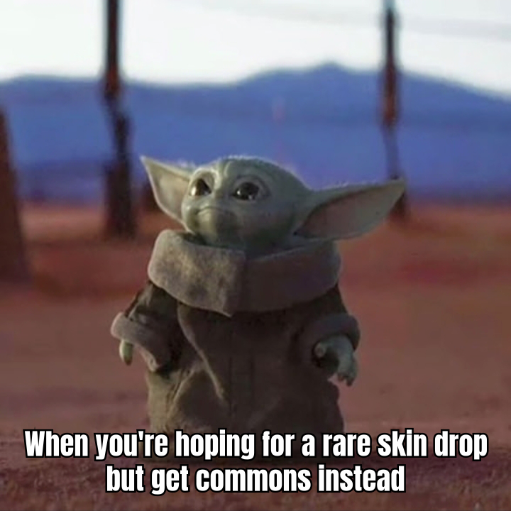 A meme showing a person eagerly staring at their computer screen with a hopeful expression, surrounded by images of rare skins, captioned 