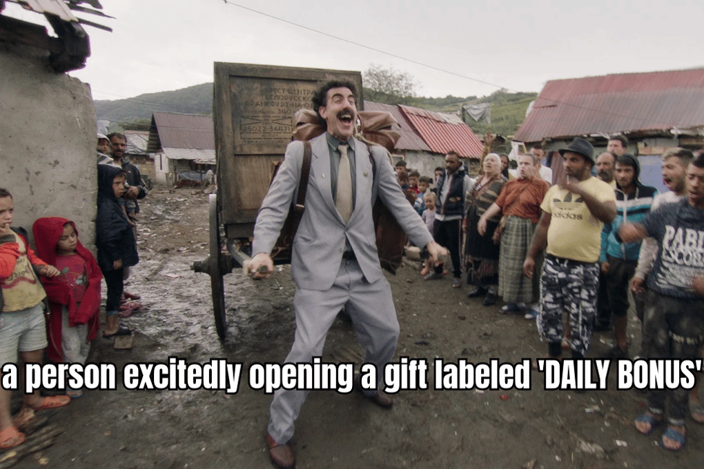 A MEME SHOWING A PERSON EXCITEDLY OPENING A GIFT LABELED "DAILY BONUS" ONLY TO FIND A SINGLE COIN INSIDE, WITH THE CAPTION "WHEN YOUR DAILY BONUS IS JUST ENOUGH FOR A SINGLE BET"