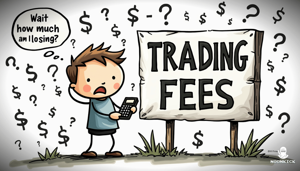 A simple and funny sketch illustrating the process of calculating trading fees, with exaggerated math equations and a confused trader