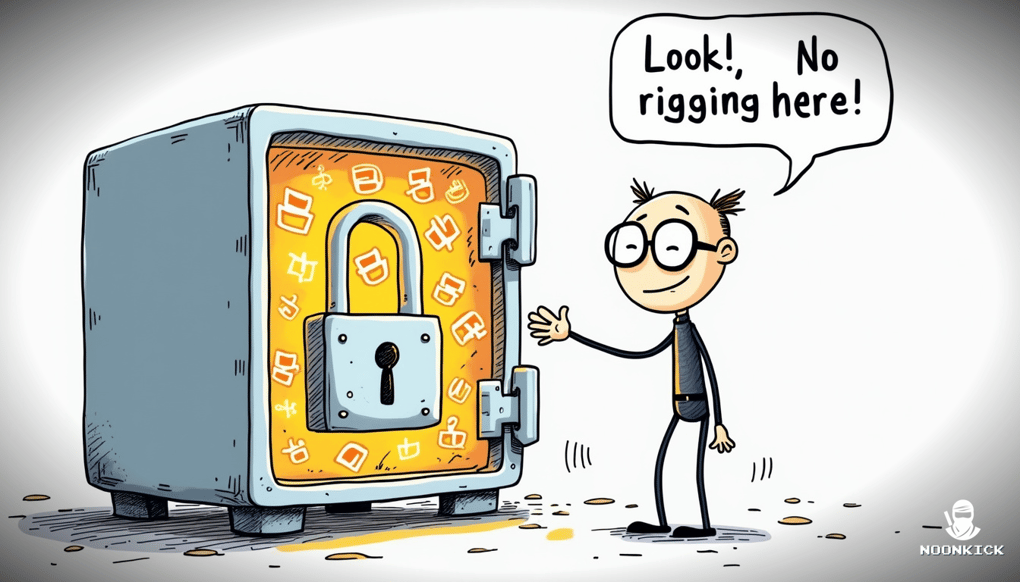 A SIMPLE DRAWING EXPLAINING HOW A PROVABLY FAIR SYSTEM WORKS, WITH A COMICAL DEPICTION OF A TRANSPARENT SAFE SHOWING FAIRNESS INSIDE