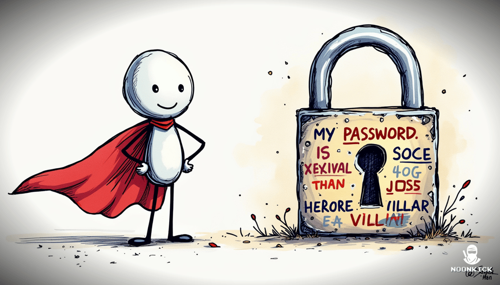 A SIMPLE DRAWING EXPLAINING HOW STRONG PASSWORDS WORK, WITH A FUNNY TWIST SHOWING A LOCK MADE OF LETTERS, NUMBERS, AND SYMBOLS